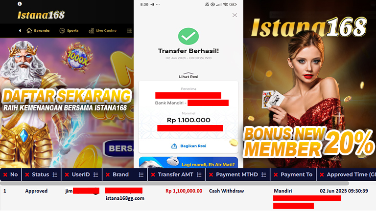 BUKTI KEMENANGAN WD MEMBER ISTANA168 IDR 1.100.000
