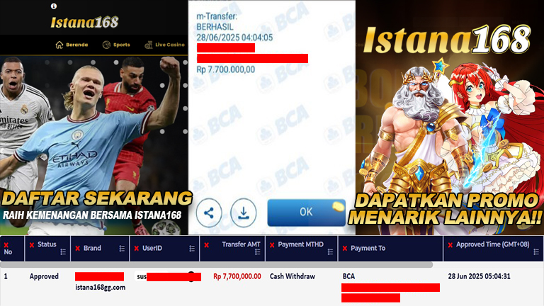 BUKTI KEMENANGAN WD MEMBER ISTANA168 IDR 7.700.000