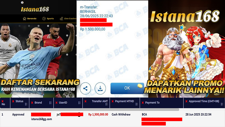 BUKTI KEMENANGAN WD MEMBER ISTANA168 IDR 1.500.000