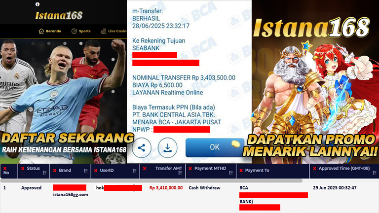 BUKTI KEMENANGAN WD MEMBER ISTANA168 IDR 3.410.000