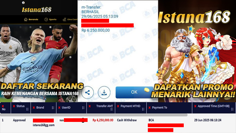 BUKTI KEMENANGAN WD MEMBER ISTANA168 IDR 6.250.000