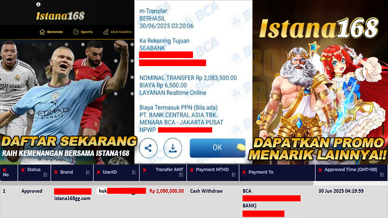 BUKTI KEMENANGAN WD MEMBER ISTANA168 IDR 2.090.000