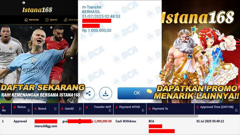 BUKTI KEMENANGAN WD MEMBER ISTANA168 IDR 1.000.000