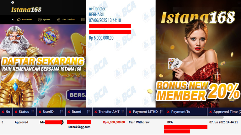 BUKTI KEMENANGAN WD MEMBER ISTANA168 IDR 6.000.000