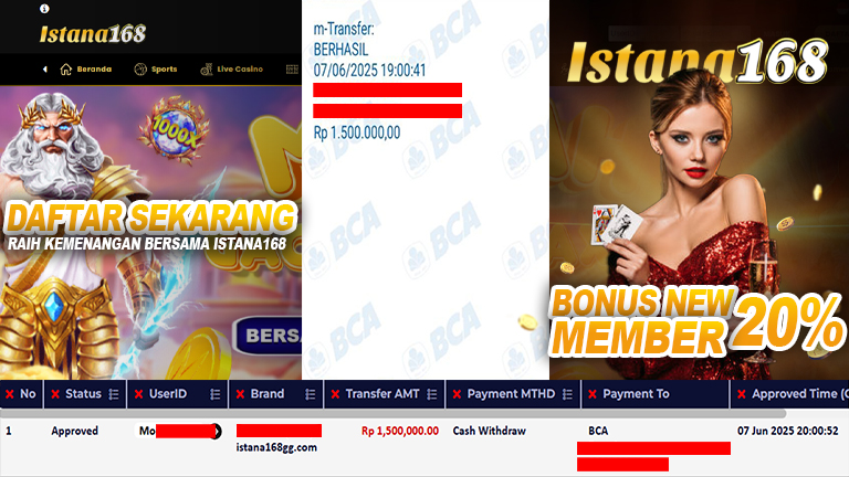 BUKTI KEMENANGAN WD MEMBER ISTANA168 IDR 1.500.000