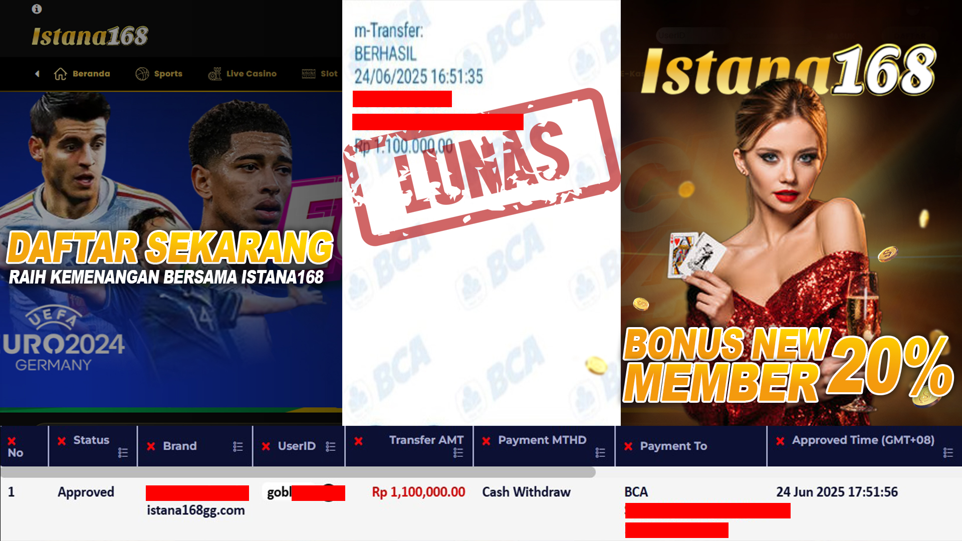 BUKTI KEMENANGAN WD MEMBER ISTANA168 IDR 1.100.000