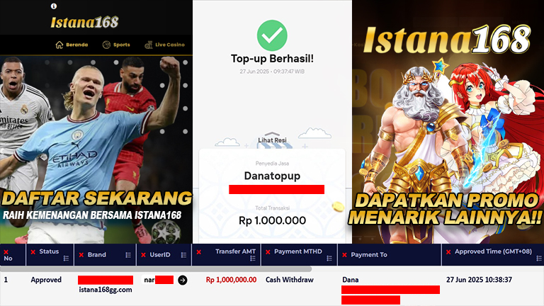 BUKTI KEMENANGAN WD MEMBER ISTANA168 IDR 1.000.000