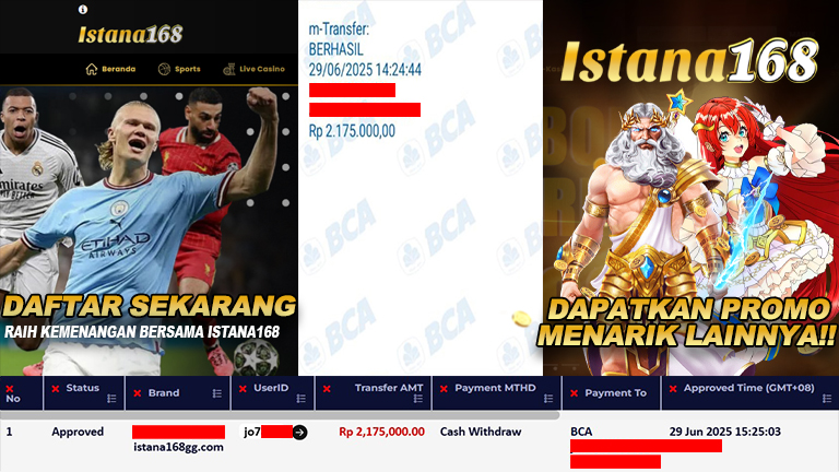 BUKTI KEMENANGAN WD MEMBER ISTANA168 IDR 2.175.000