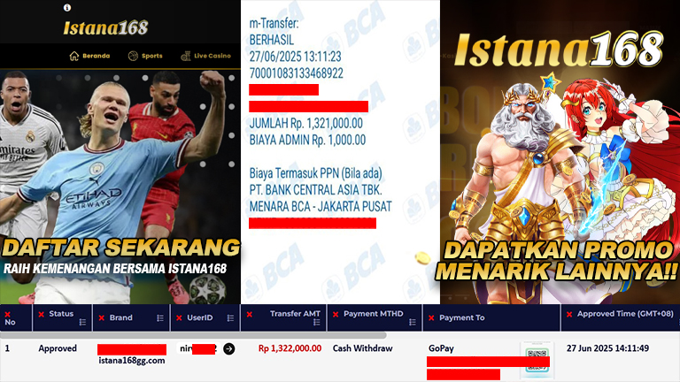 BUKTI KEMENANGAN WD MEMBER ISTANA168 IDR 1.322.000