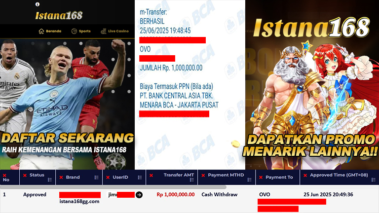 BUKTI KEMENANGAN WD MEMBER ISTANA168 IDR 1.000.000