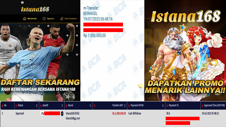 BUKTI KEMENANGAN WD MEMBER ISTANA168 IDR 1.000.000