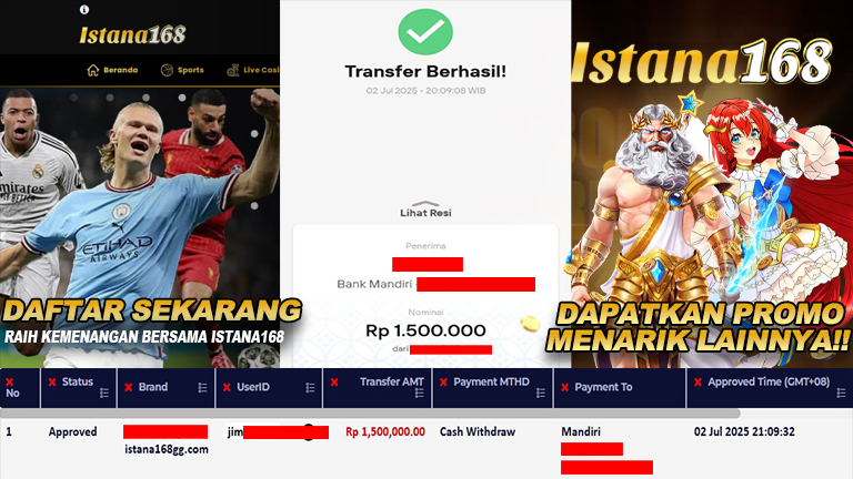 BUKTI KEMENANGAN WD MEMBER ISTANA168 IDR 1.500.000
