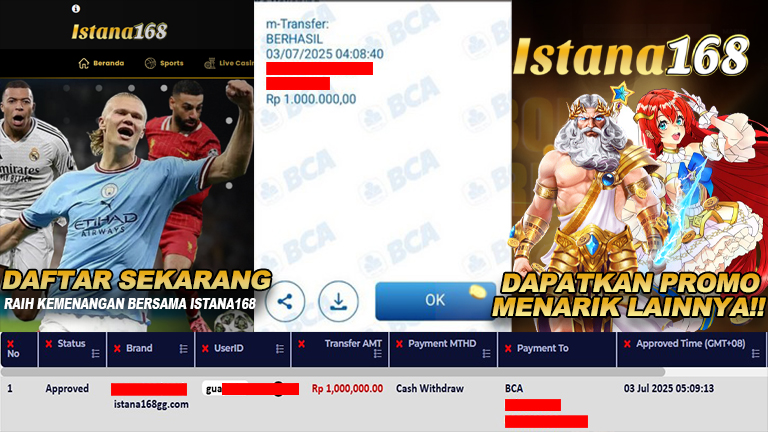 BUKTI KEMENANGAN WD MEMBER ISTANA168 IDR 1.000.000
