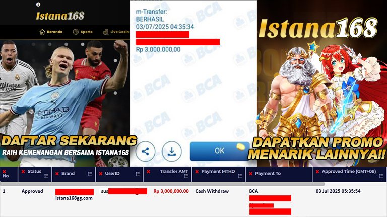 BUKTI KEMENANGAN WD MEMBER ISTANA168 IDR 3.000.000