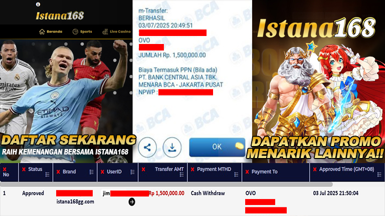BUKTI KEMENANGAN WD MEMBER ISTANA168 IDR 1.500.000