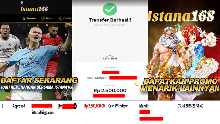 BUKTI KEMENANGAN WD MEMBER ISTANA168 IDR 2.500.000