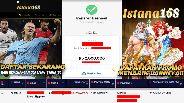 BUKTI KEMENANGAN WD MEMBER ISTANA168 IDR 2.000.000