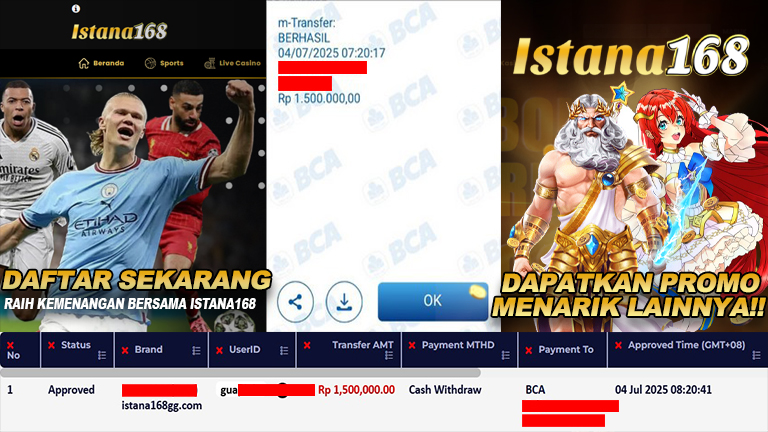 BUKTI KEMENANGAN WD MEMBER ISTANA168 IDR 1.500.000