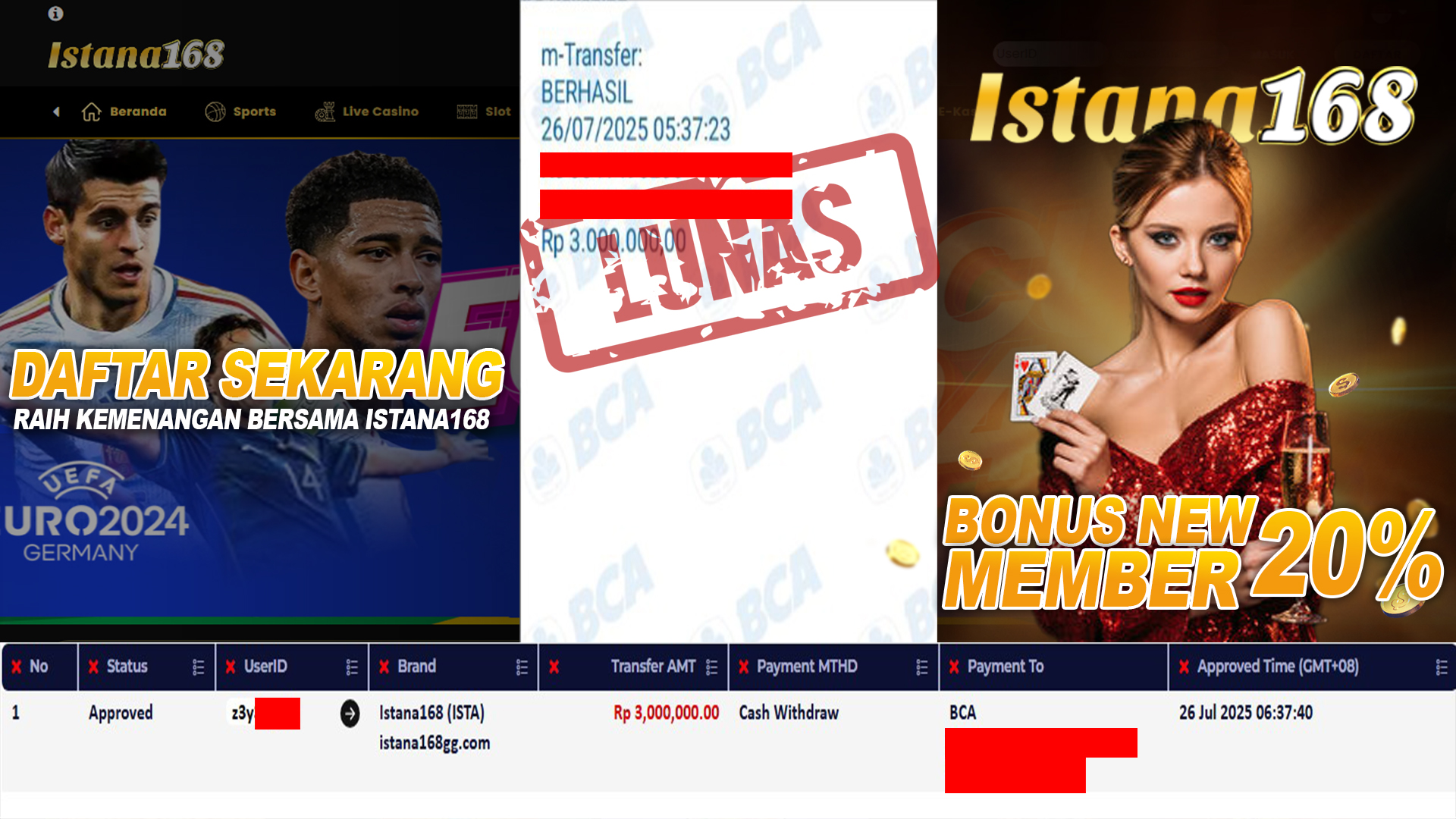 BUKTI KEMENANGAN WD MEMBER ISTANA168 IDR 3.000.000