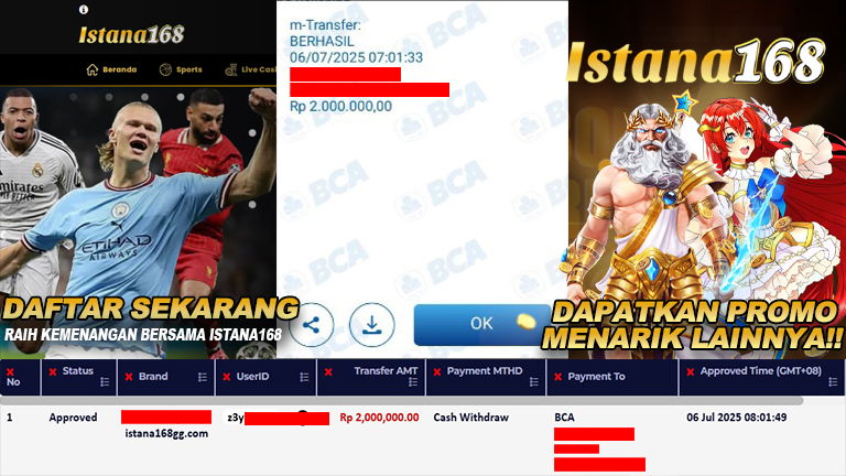 BUKTI KEMENANGAN WD MEMBER ISTANA168 IDR 2.000.000