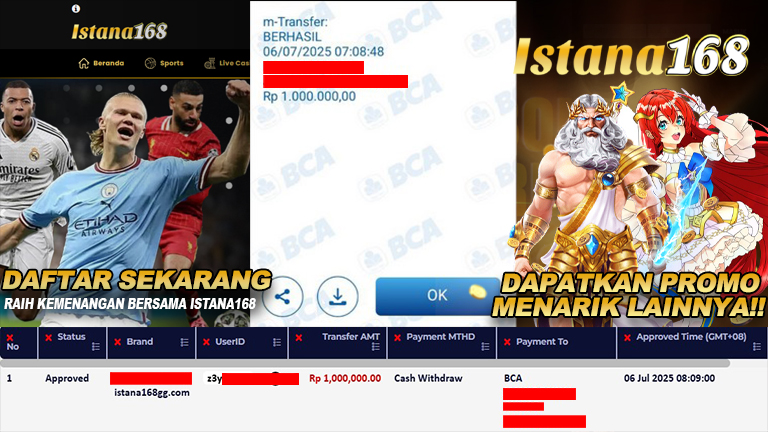 BUKTI KEMENANGAN WD MEMBER ISTANA168 IDR 1.000.000