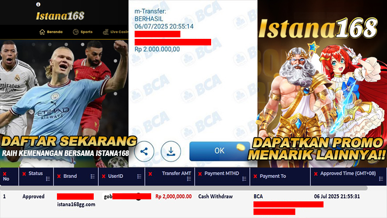 BUKTI KEMENANGAN WD MEMBER ISTANA168 IDR 2.000.000