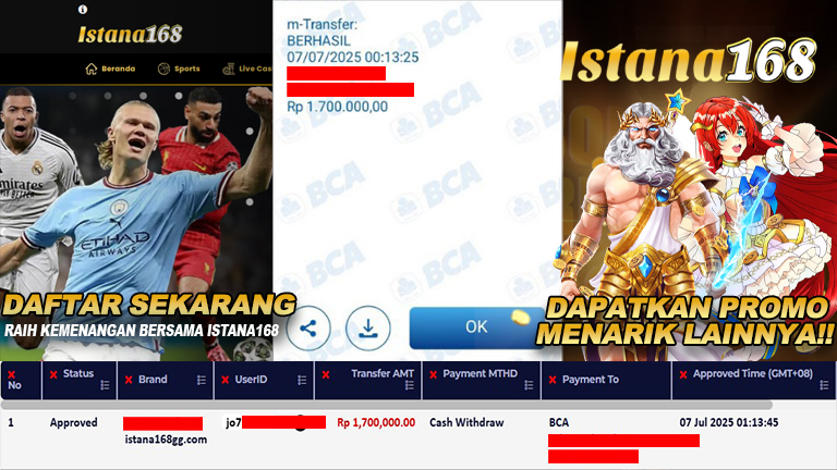 BUKTI KEMENANGAN WD MEMBER ISTANA168 IDR 1.700.000