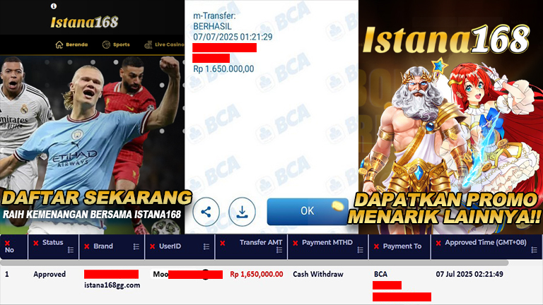 BUKTI KEMENANGAN WD MEMBER ISTANA168 IDR 1.650.000