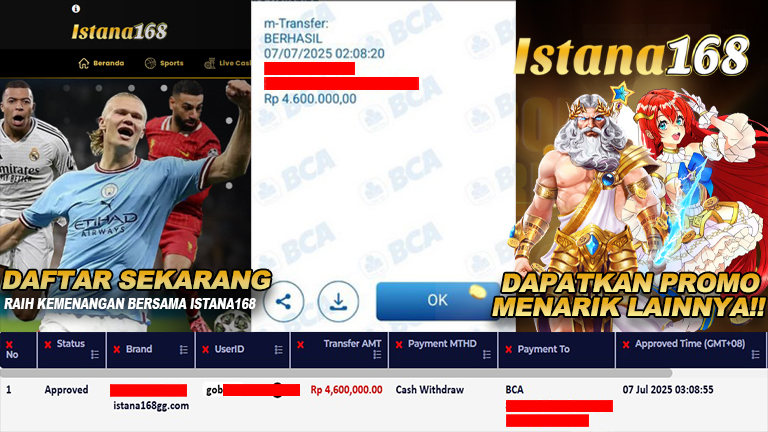 BUKTI KEMENANGAN WD MEMBER ISTANA168 IDR 4.600.000