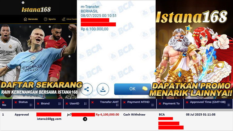 BUKTI KEMENANGAN WD MEMBER ISTANA168 IDR 6.100.000