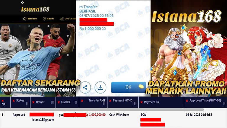 BUKTI KEMENANGAN WD MEMBER ISTANA168 IDR 1.000.000