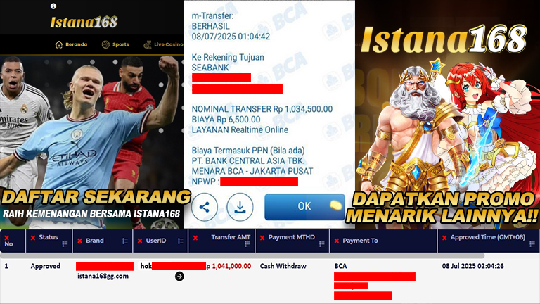 BUKTI KEMENANGAN WD MEMBER ISTANA168 IDR 1.041.000