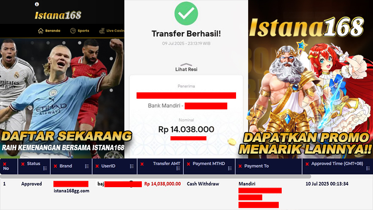 BUKTI KEMENANGAN WD MEMBER ISTANA168 IDR 14.038.000