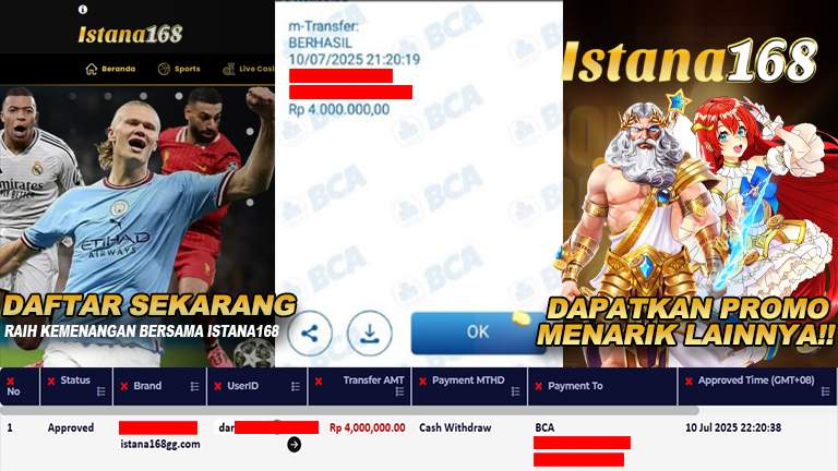 BUKTI KEMENANGAN WD MEMBER ISTANA168 IDR 4.000.000