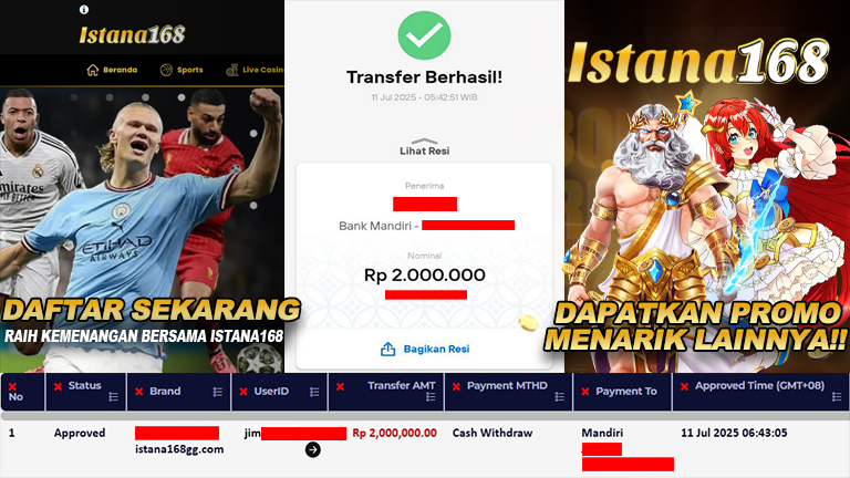 BUKTI KEMENANGAN WD MEMBER ISTANA168 IDR 2.000.000