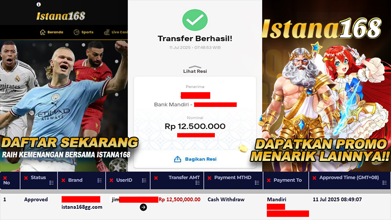 BUKTI KEMENANGAN WD MEMBER ISTANA168 IDR 12.500.000