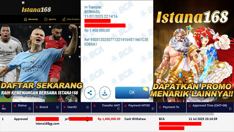 BUKTI KEMENANGAN WD MEMBER ISTANA168 IDR 1.400.000