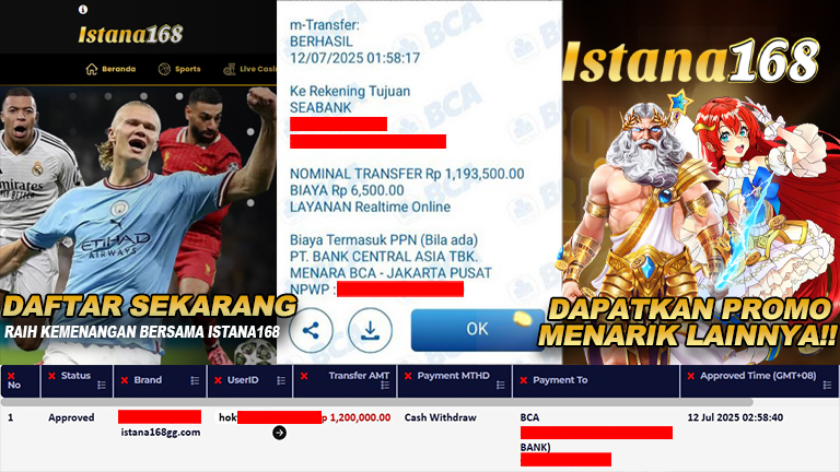 BUKTI KEMENANGAN WD MEMBER ISTANA168 IDR 1.200.000