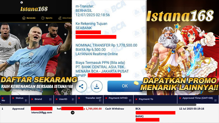 BUKTI KEMENANGAN WD MEMBER ISTANA168 IDR 1.785.000
