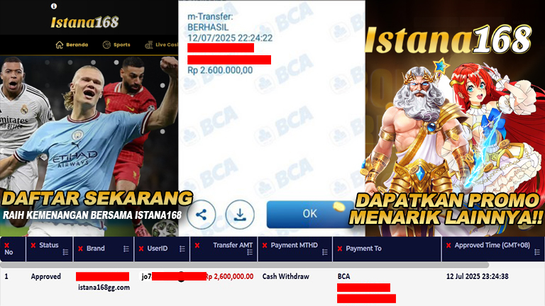 BUKTI KEMENANGAN WD MEMBER ISTANA168 IDR 2.600.000