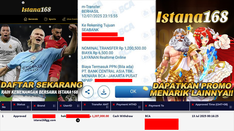 BUKTI KEMENANGAN WD MEMBER ISTANA168 IDR 1.207.000