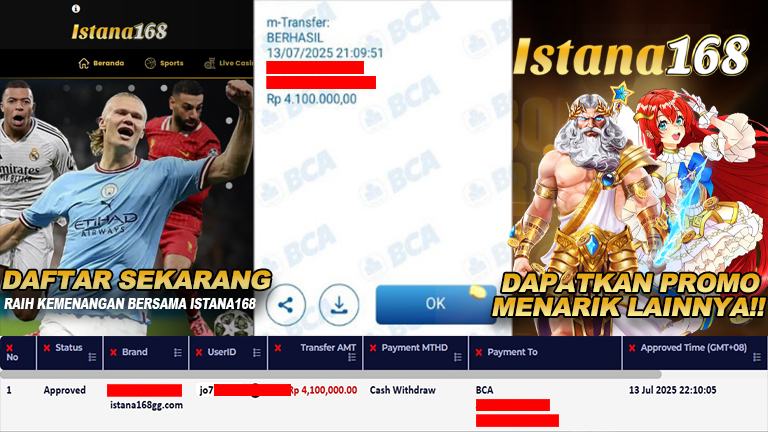 BUKTI KEMENANGAN WD MEMBER ISTANA168 IDR 4.100.000