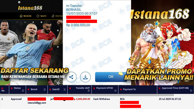 BUKTI KEMENANGAN WD MEMBER ISTANA168 IDR 2.000.000