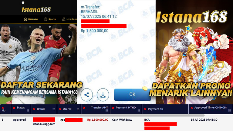 BUKTI KEMENANGAN WD MEMBER ISTANA168 IDR 1.500.000
