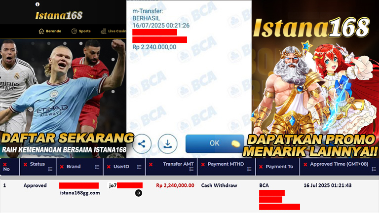 BUKTI KEMENANGAN WD MEMBER ISTANA168 IDR 2.240.000