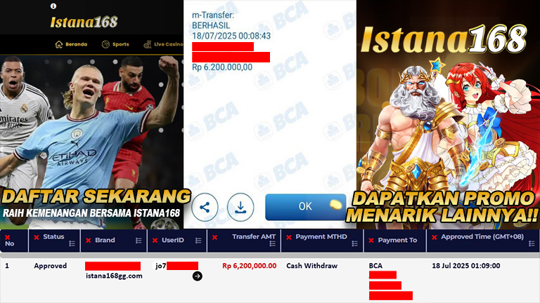 BUKTI KEMENANGAN WD MEMBER ISTANA168 IDR 6.200.000