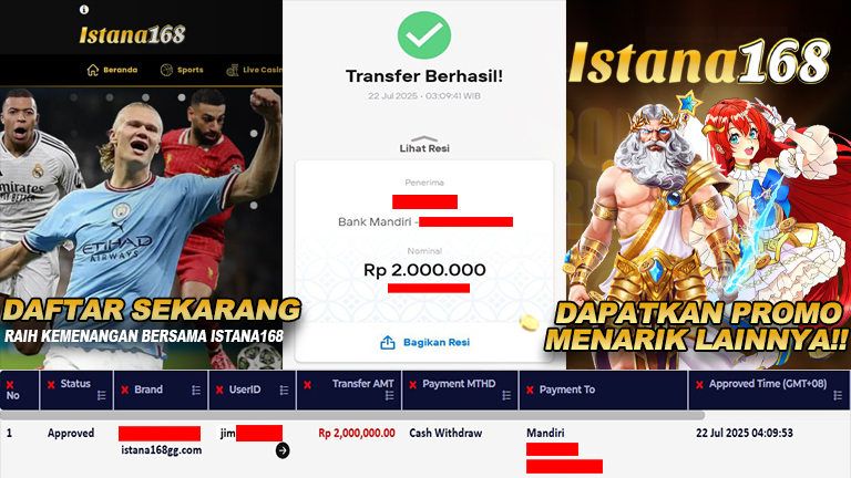 BUKTI KEMENANGAN WD MEMBER ISTANA168 IDR 2.000.000
