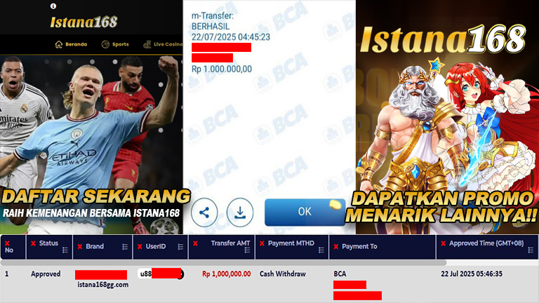BUKTI KEMENANGAN WD MEMBER ISTANA168 IDR 1.000.000
