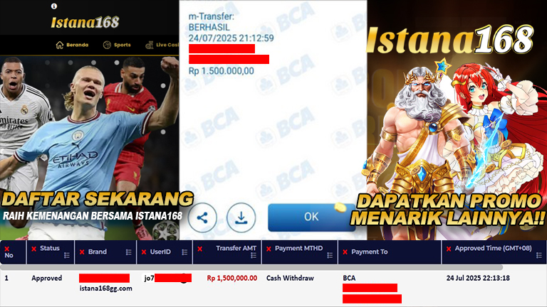 BUKTI KEMENANGAN WD MEMBER ISTANA168 IDR 1.500.000
