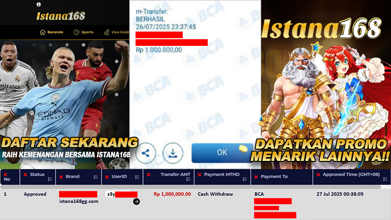 BUKTI KEMENANGAN WD MEMBER ISTANA168 IDR 1.000.000